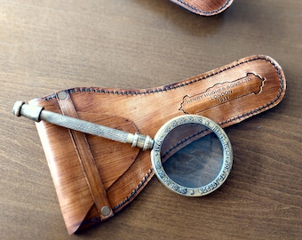 Personalized Brass Magnifying Glass with Leather Cover, Vintage Style