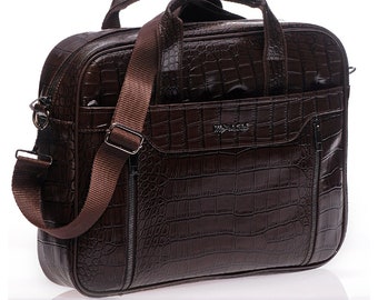 Borsa per laptop in pelle vegana di coccodrillo personalizzata / valigetta con monogramma