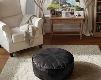 Personalized Handmade Genuine Leather Pouf / Customized Round Ottoman Footstool