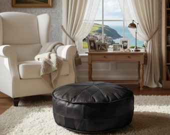 Engraved Genuine Leather Pouf - Personalized Round Brown Black Ottoman Footstool