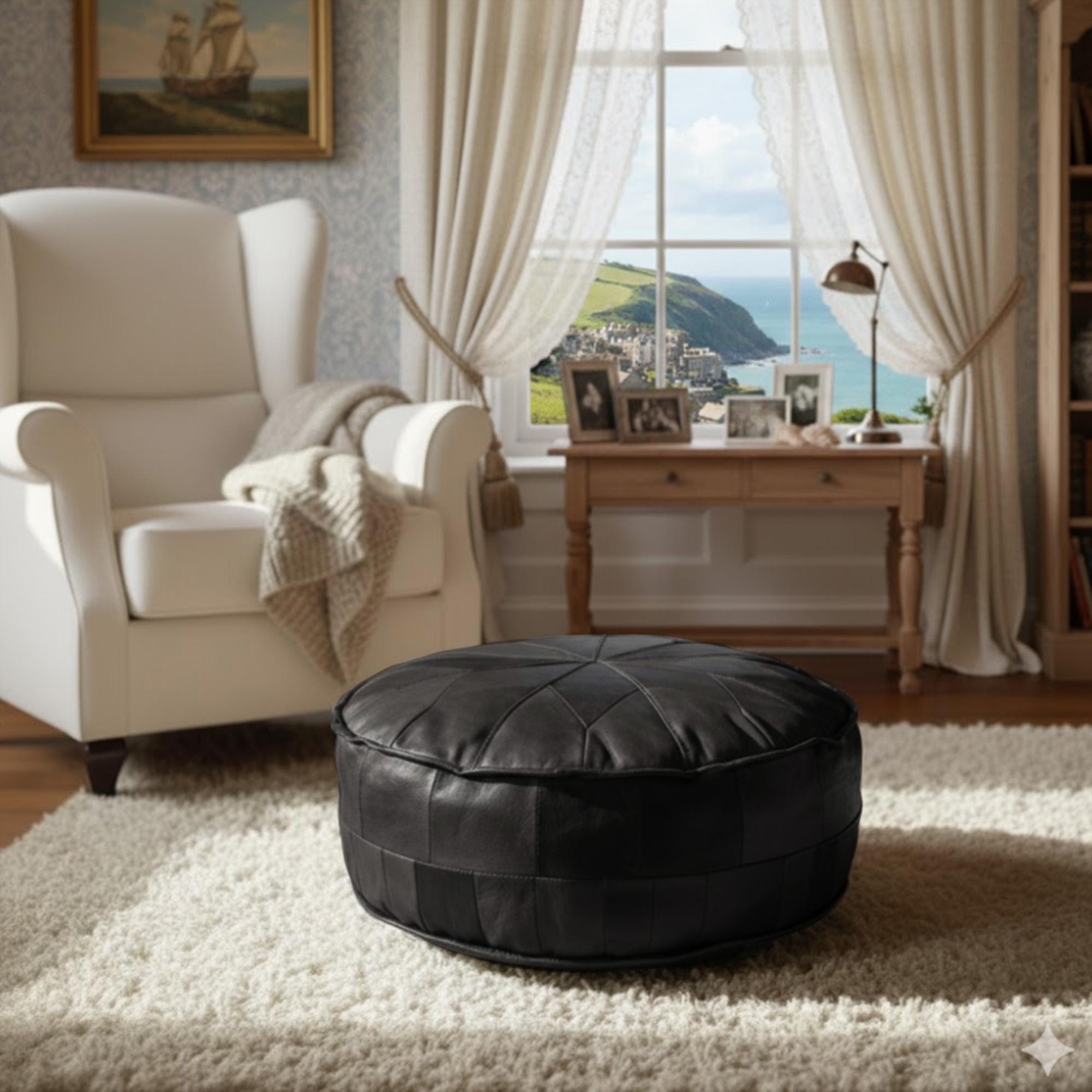 Engraved Genuine Leather Pouf - Personalized Round Brown Black Ottoman Footstool