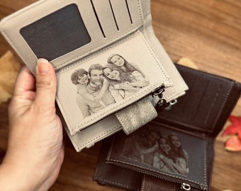 Porte-monnaie avec photo gravée pour femme - Portefeuille personnalisé en cuir végétalien - Pochette zippée - Cadeau pour mère