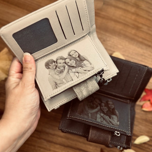 Porte-monnaie avec photo gravée pour femme - Portefeuille personnalisé en cuir végétalien - Pochette zippée - Cadeau pour mère
