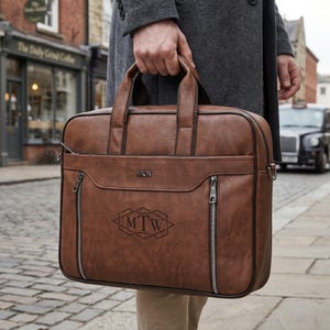 Personalized Vegan Leather Laptop Bag, Engraved Briefcase for Men