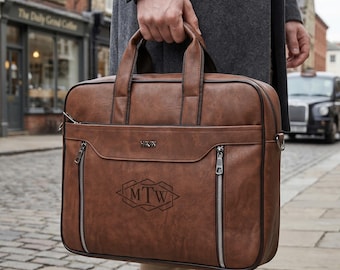 Personalized Vegan Leather Laptop Bag, Engraved Briefcase for Men