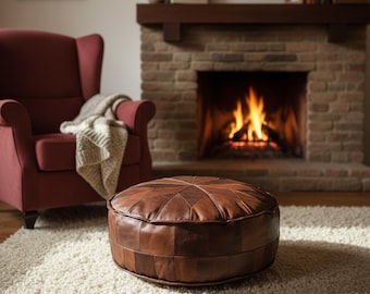 Custom Handmade Moroccan Genuine Leather Pouf Ottoman / Square Footstool, Brown Black Floor Cushion