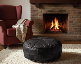 Custom Handmade Genuine Leather Pouffe / Square Ottoman Footstool / Brown Black Floor Cushion
