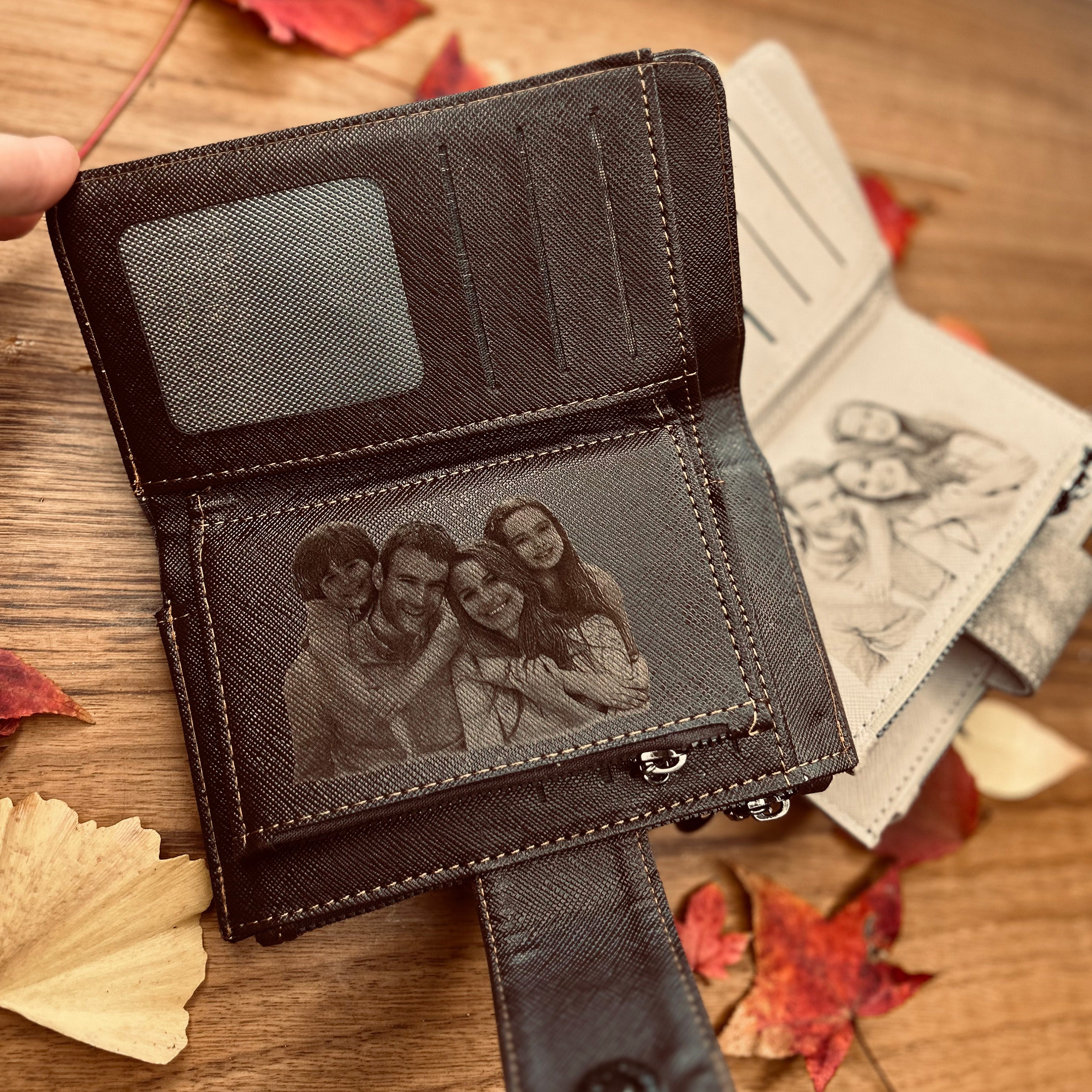 PERSONALIZED MOTHER GIFT - Women&#39;s Photo Wallet - Custom Engraved Vegan Leather Long Clutch - Christmas Gift For Her