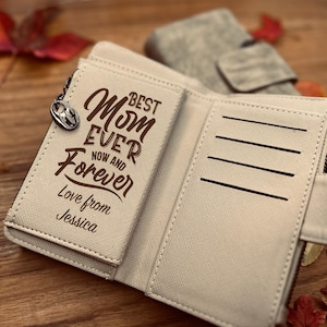 Portefeuille photo personnalisé pour femme / Pochette photo personnalisée / Cuir végétalien / Porte-monnaie zippé / Cadeau d'anniversaire pour petite amie / Cadeau pour la fête des Mères