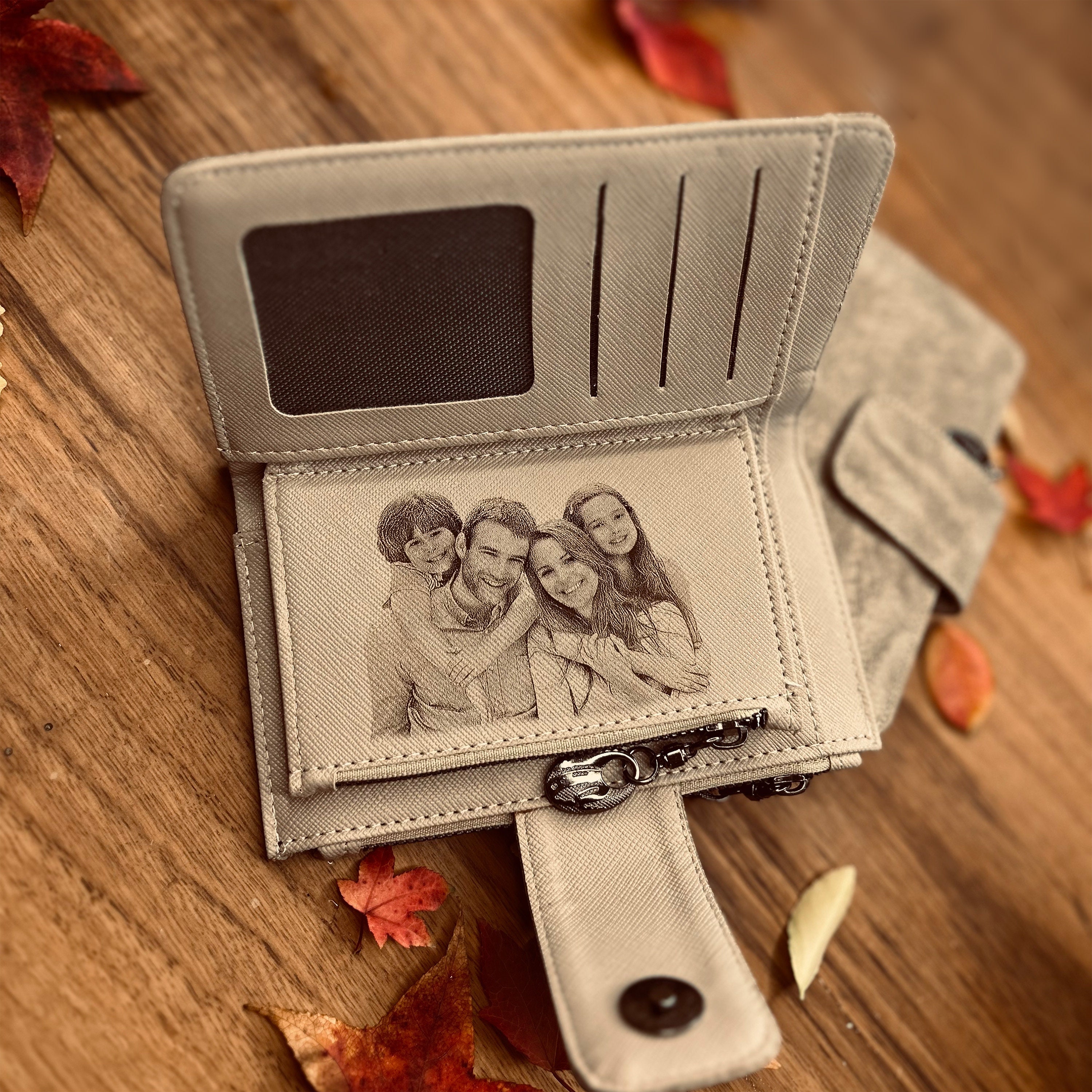 PERSONALIZED MOTHER GIFT - Women&#39;s Photo Wallet - Custom Engraved Vegan Leather Long Clutch - Christmas Gift For Her