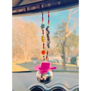 Disco cowgirl rearview mirror charms, Western mirror hangers, Car accessories, Car decor, Punchy car charms