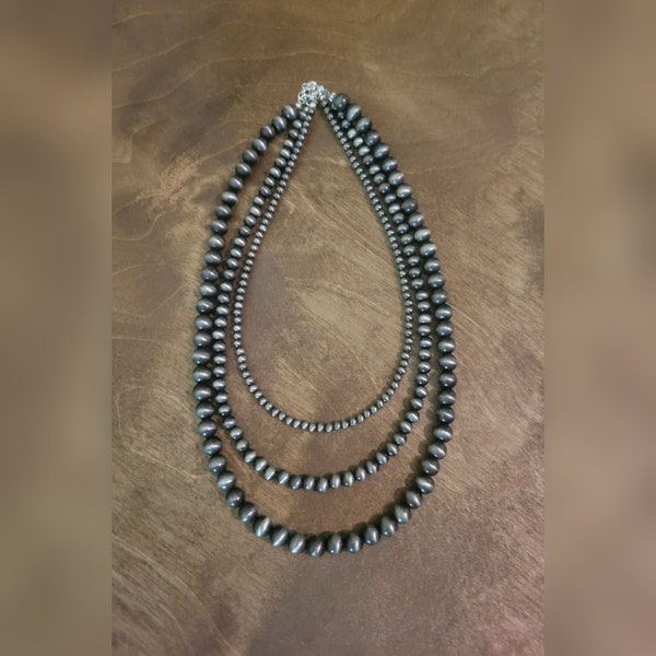 Faux Navajo pearl 3 strand necklace, silver bead necklace, Western Necklaces, choker