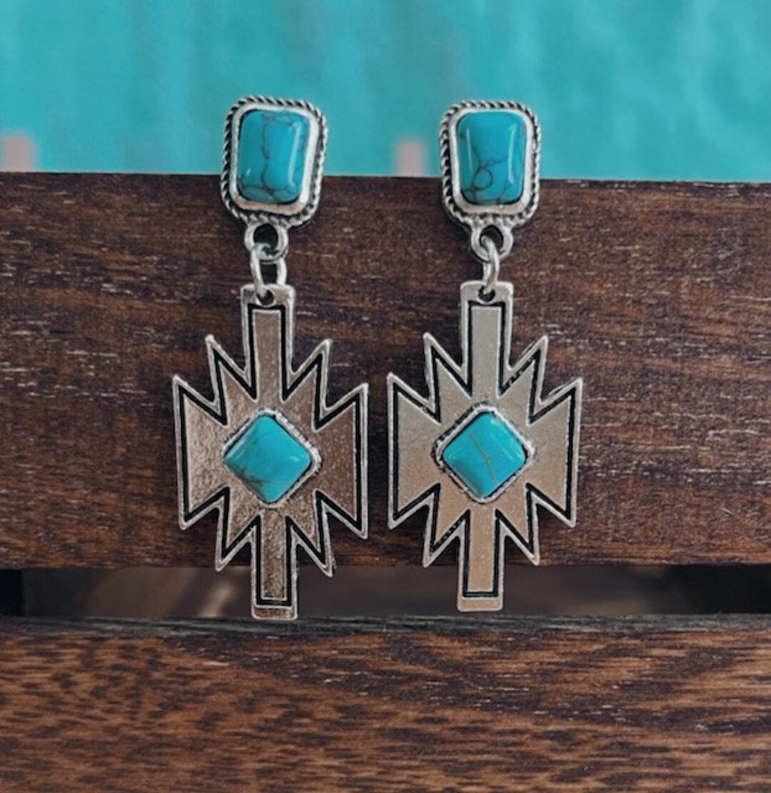 Western Earrings - Silver Oval Turquoise Drop main image 1