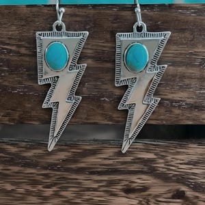 Lightning bolt earrings, Western earrings, turquoise and silver earrings