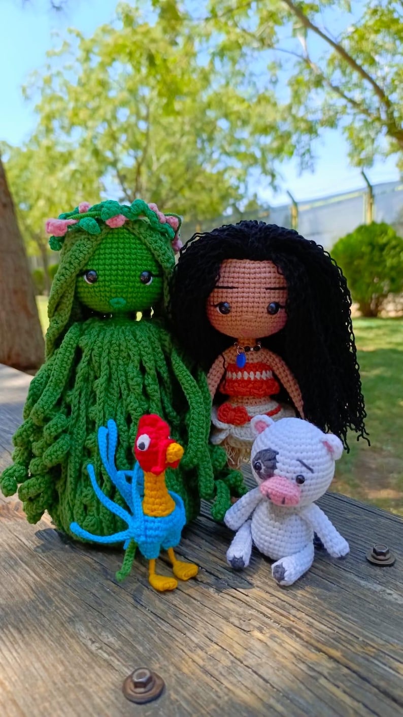 Personajes amigurumi de Moana: Moana, Hei Hei, muñecas Pua, muñecas tejidas a crochet y tejidas, regalo especial para tu hijo, juguetes suaves y saludables hechos a mano. imagen 1