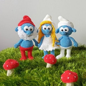 Amigurumi Smurfs Characters: Smurfette, Papa Smurf, Clumsy Smurf Dolls, Crochet and Knitted Doll, Special Gift, Handmade Soft Healty Toys