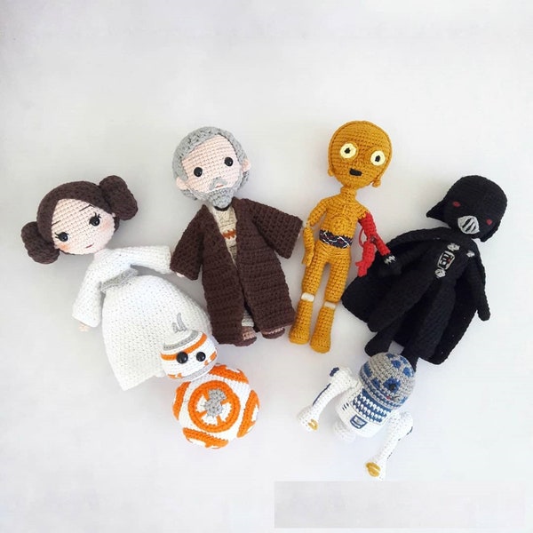 Handmade Star Wars Amigurumi Toys (BB-8, C-3PO, R2-D2 Robots, Darth Wader, Obi-Wan Kenobi, Princess Leia Organa and Yoda Dolls)