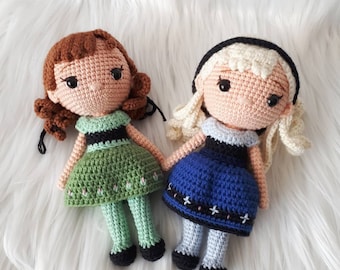Muñeca Elsa y Anna Corona y Coleta Amigurumi, Juguete congelado, Muñeca de ganchillo, Niña Amigurumi, Juguete tradicional para bebés, Muñeca suave hecha a mano