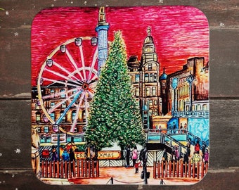 Handcrafted wooden Edinburgh/ Glasgow Scotland Xmas coaster- Xmas stocking Gift, home décor, art, kitchen, house warming