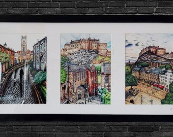 Edinburgh Giclee styled Art print set of 3 collage framed(Wedding Gift, home decor, birthday, Scotland, wall, interior)