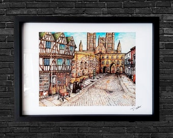 Lincoln Art Framed/ Unframed UK Giclee styled Print- Lincolnshire, Castle square (gift, home decor, interior, birthday)