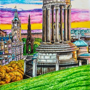 Impressão artística de Carlton Hill, Edimburgo: Escócia original emoldurada em formato A3 para colecionadores