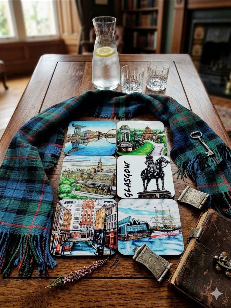 Scotland Coasters- Glasgow Handcrafted Wooden Coaster Set, Art for Home Decor & Kitchen, Housewarming Gift