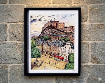 Lámina artística de Grassmarket, Edimburgo: Obra de arte sobre un castillo de Escocia