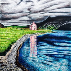 Pink House Loch Glass Scotland Art: Original Fine Tip Pen Drawing