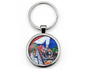 Llavero redondo de acero inoxidable con ilustraciones del Expreso de Hogwarts