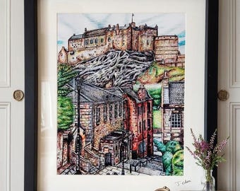 Lámina artística del Castillo de Edimburgo: Vista de Vennel, Escocia.