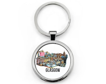 Llavero redondo de acero inoxidable con el horizonte de Glasgow