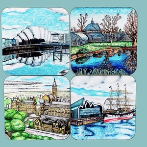 Glasgow Coasters, Handcrafted Wooden Set or Individual | Unique Xmas & Birthday Gift from Scotland