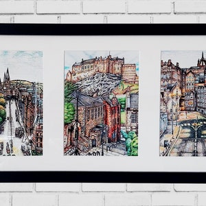 Edinburgh Giclee styled Art print set of 3 collage framed (Wedding Gift, home decor, birthday, Scotland, wall, interior)