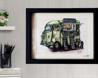 Portobello Original pen Art- The Little Green Van (Gift, home decor, Scotland, collectbale)