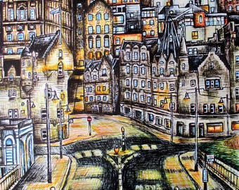 Lámina artística del casco antiguo de Edimburgo – Decoración para el hogar con paisaje urbano de Escocia (Descarga digital)