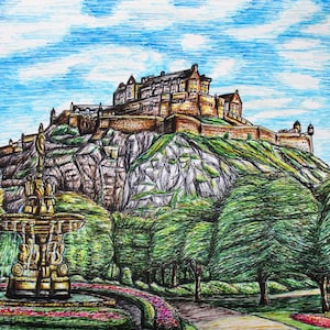 Arte do Castelo de Edimburgo: Desenho a caneta da Escócia, impressão emoldurada