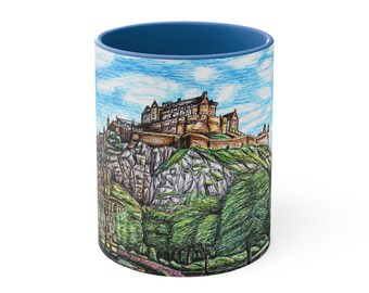 Accent Coffee Mug, 11oz- Edinburgh Castle Design (Art, gift, home, Scotland)
