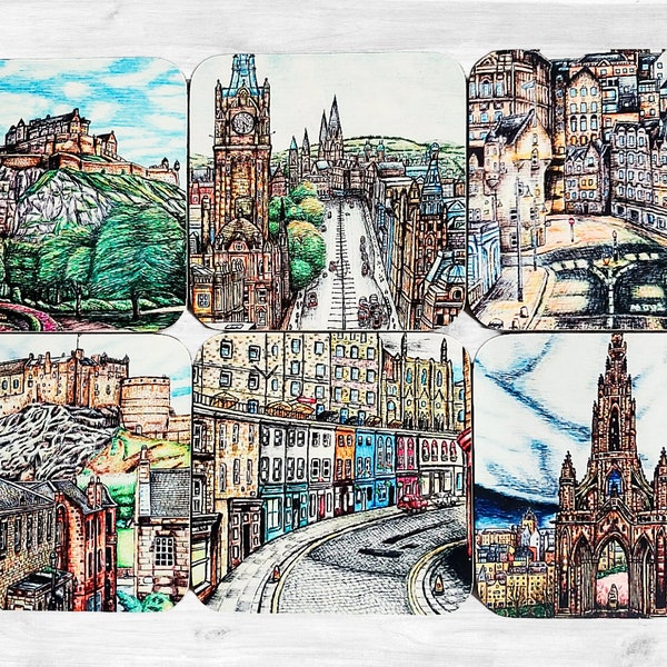 Edinburgh Handcrafted wooden art coaster set- Scotland, UK (Home warming, birthday, Interior decor, kitchen, xmas gift)