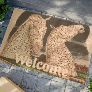 Scotland decor, The Kelpies doormat, welcome (Home decor, outdoor rug, mat, birthday gift, art, house warming, movie)