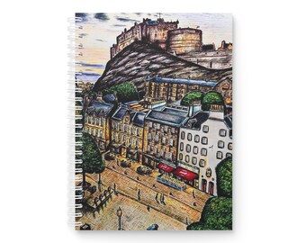 May include: A hand-drawn illustration of Edinburgh Castle, Scotland, with a view of the city below. The illustration is done in black and white with a touch of color. The castle is perched on a hilltop and the city streets are lined with buildings.