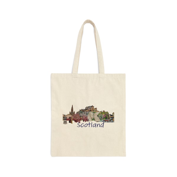 Tote Bag, Cotton Canvas- Iconic Scotland collage design (birthday gift, fashion, accessory, art, travel bag, reusable