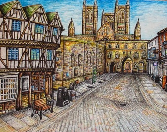 Lincoln, Lincolnshire Castle Square Giclee art print- home decor, birthday gift, wedding gift, UK, wall interior