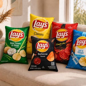 Op de afbeelding: Vijf rechthoekige sierkussens in de vorm van Lay's aardappelchipzakken in verschillende smaken: groen Sour Cream & Onion, geel Classic, zwart Barbecue, rood Flamin' Hot en blauw Salt & Vinegar. Elk kussen toont het Lay's logo en afbeeldingen.