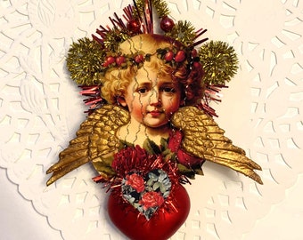 CUPID Valentine Cherub Heart Ornament Vintage Victorian Antique Style