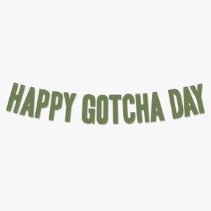 May include: Green banner with the text "Happy Gotcha Day" in a bold, blocky font.