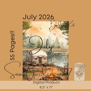Può includere: Un kit di budget digitale per luglio 2026 composto da un documento di 55 pagine che misura 21,59 cm per 27,94 cm. La copertina mostra una scena di campeggio con tenda, falò e alberi. Testo: July 2026, Budget Kit, 55 Pages e Snow Gardener307.