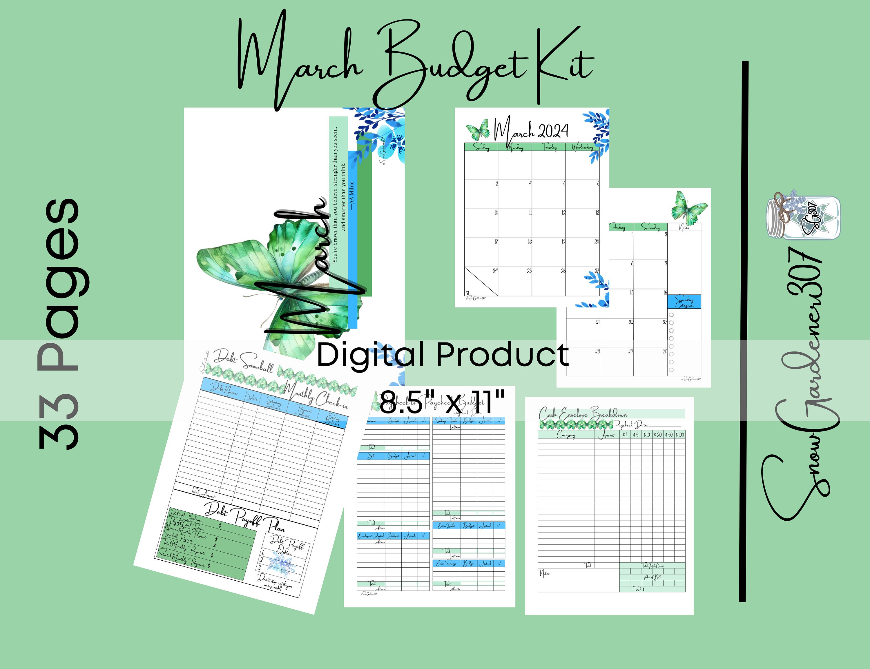 March Budget Planner Kit: 33-Page Printable, Trackers (PDF)