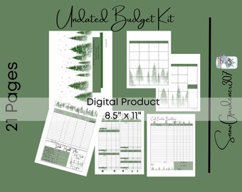 May include: A printable budget kit with 21 pages, featuring a winter forest theme. The kit includes a budget planner, a cash envelope budget tracker, and a debt payoff plan. The pages are 8.5 inches by 11 inches.