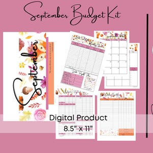 Könnte beinhalten: Ein digitales September-Budget-Kit mit 51 Seiten. Das Kit enthält einen Monatskalender, Budgetblätter und einen Gehaltsplan. Das Design zeigt Herbstfarben, florale Akzente und den Text "September Budget Kit" und "Digitales Produkt 21,6 cm x 28 cm".
